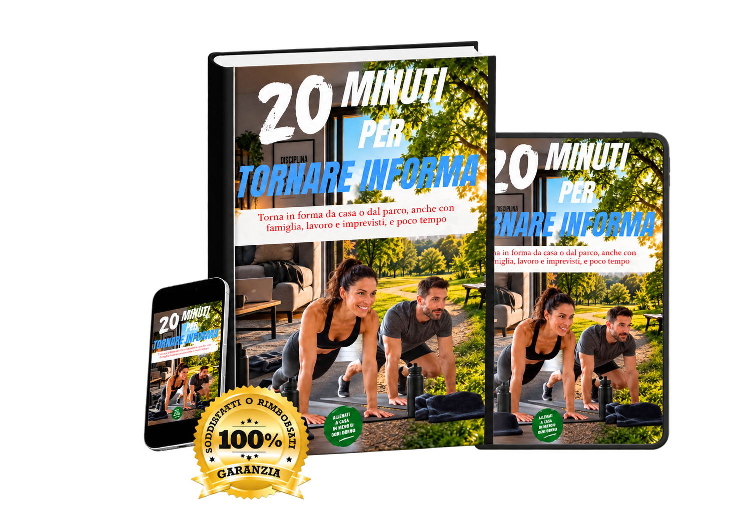 Mockup del metodo 20 Minuti per Tornare in Forma su libro, tablet e smartphone